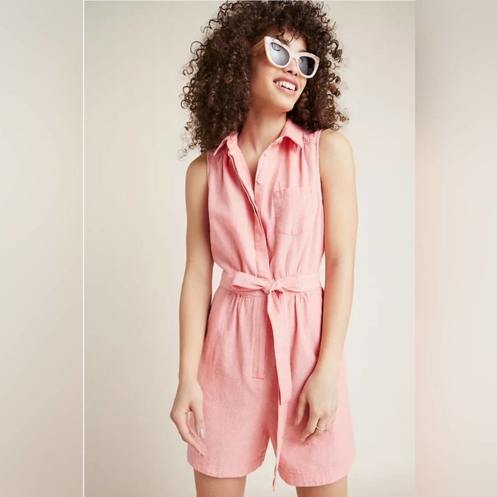 Anthropologie Salmon Linen Romper Size 10